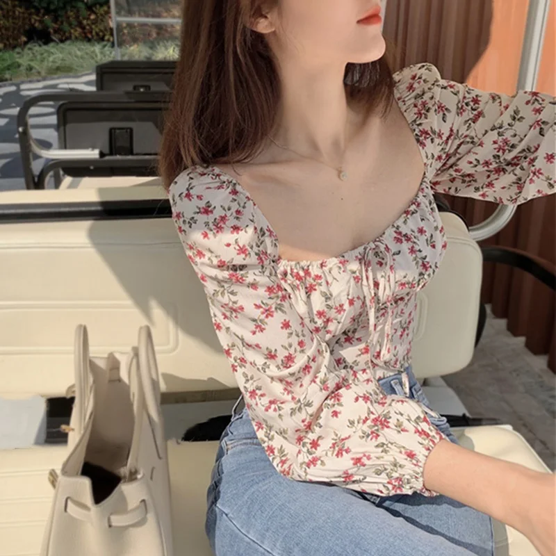 Blumendruck Chiffon irt Damen Frühling Sommer Neu Sle Schlüsselbein Exposition Ele Fit Oberkörper Super Fairy T