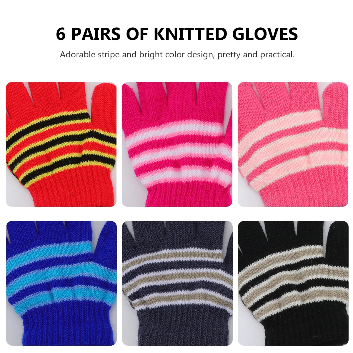 6 쌍 어린이 니트 장갑 따뜻한 전체 손가락 장갑 사랑스러운 줄무늬 밝은 색상 겨울 보호 어린이 니트 장갑