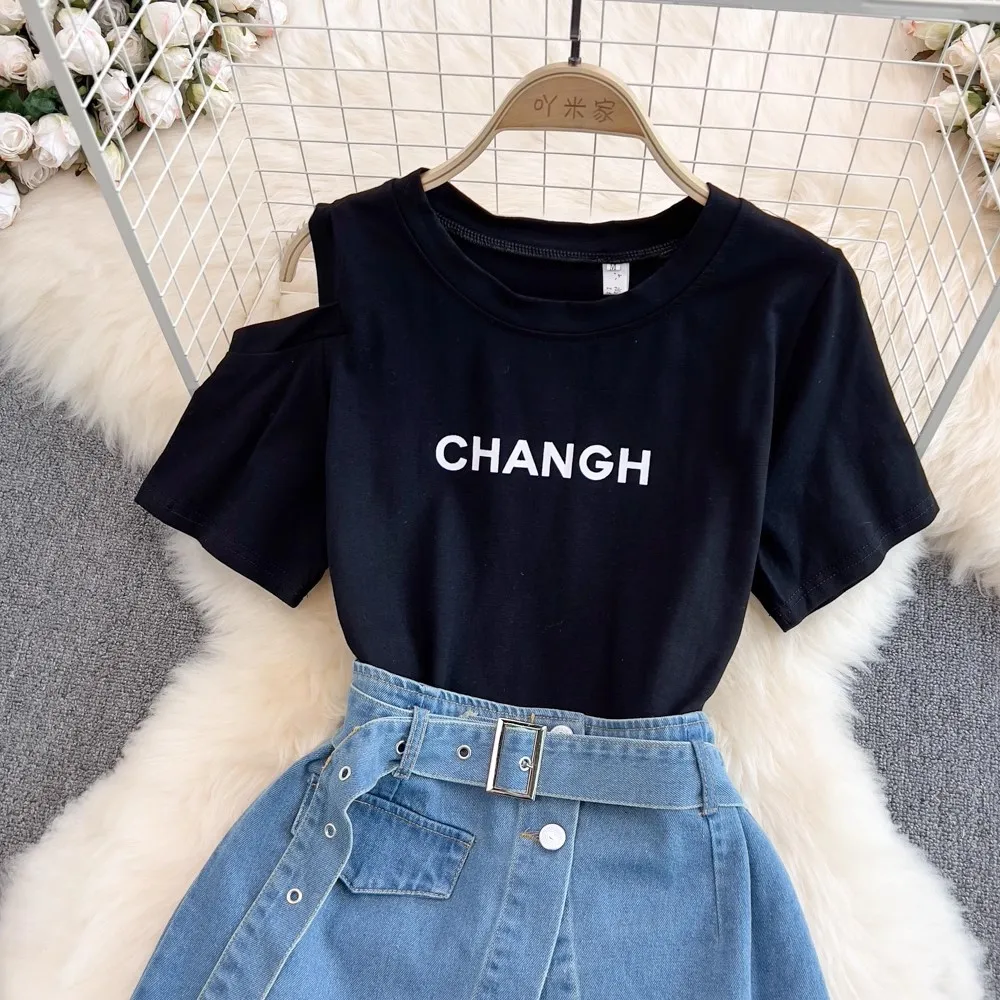 Korean Fashion Two Piece Skirt Set Women Summer Short Sleeve T shirt Dress High Waist A-Line Denim Mini Skirt Elegant Outfits