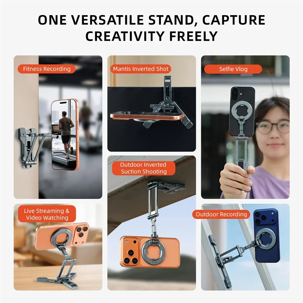 Magnetic Phone Stand Foldable 360 Rotation Dual Suction Desktop Holder for Smartphone Overhead Hanging Universal Portable