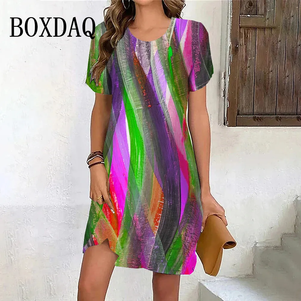 Tie Dye Colorful Painting Striped Dress Women 3D Printed Short Sleeve Mini Dress Casual Pullover Loose Ladies New Retro Dresses