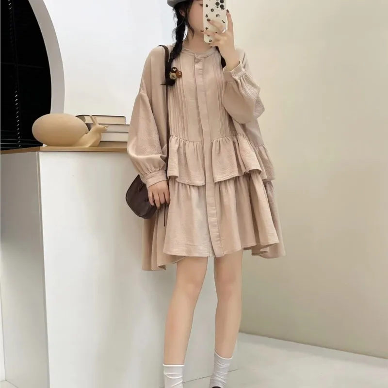 Johnature New Japanese Forest Patchwork Ruffles Cotton Shirt Women Spring Autumn 2024 New Loose Long With Brooch Tops Women