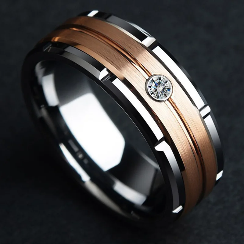 Fashion 8mm Men's Double Groove Beveled Stainless Steel Ring Rose Gold Color Brushed Inlay AAA Zircon Ring Charm Jewelry Gifts