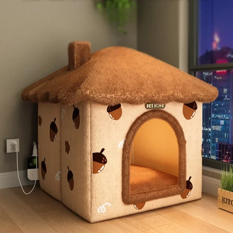 Heated Cat Bed for Winter Adjustable Warmth Enclosed Cat Cave Safe Electric Heating Pet Bed Cozy Winter Shelter for Pets