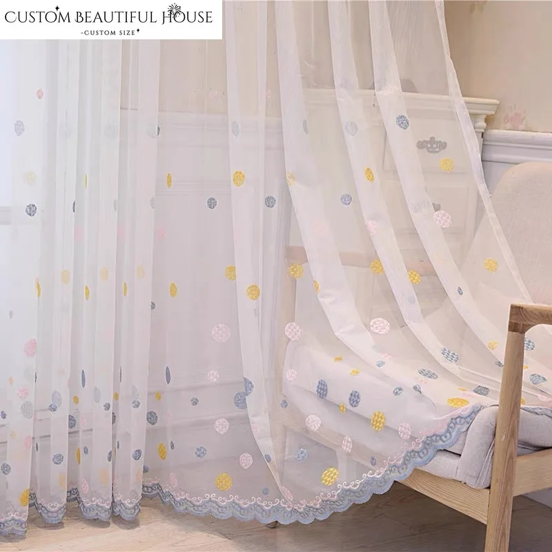 White Tulle Nordic Pastoral Light-transmitting Embroidered Gauze Bay Window Sheer Curtains for Living Dining Room Bedroom