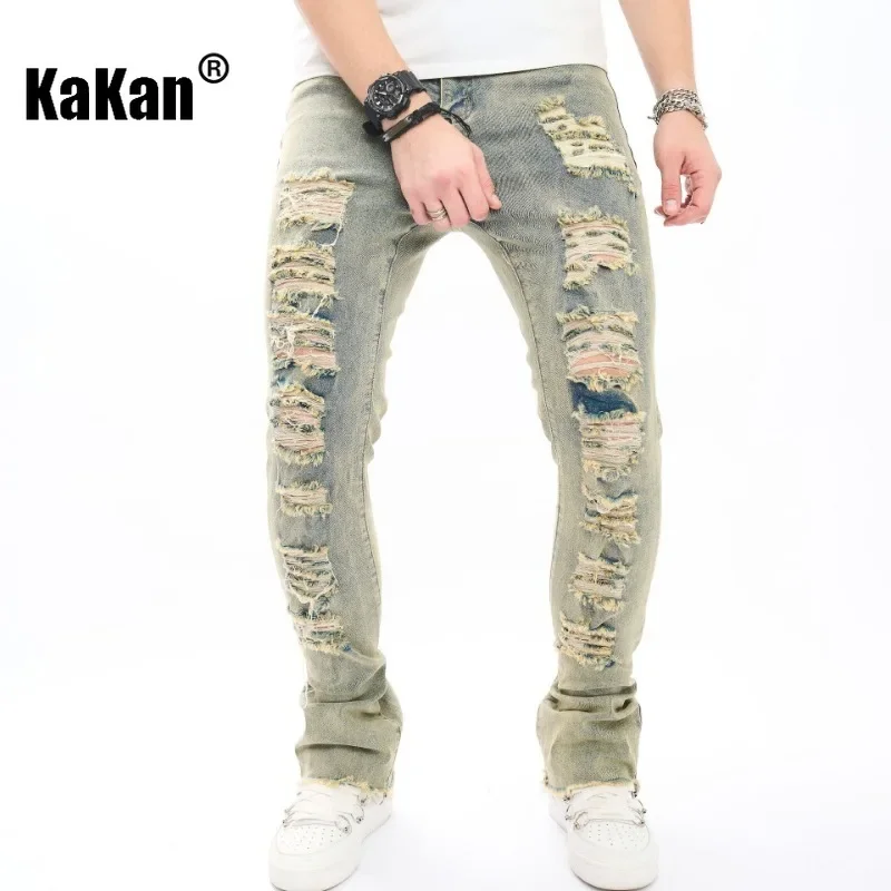 Kakan - European and American New Micro La Cat Whisker Jeans for Men, Yellow Mud Trendy Men's Pants Jeans K49-909