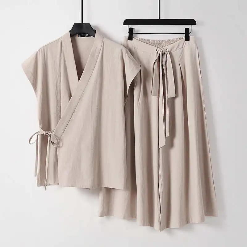 

Мужской жилет Tang Sle из двух предметов, льняная футболка, комплект Svel, повседневная спортивная одежда, хлопок, 00% девятисекционные брюки, ткань Levis