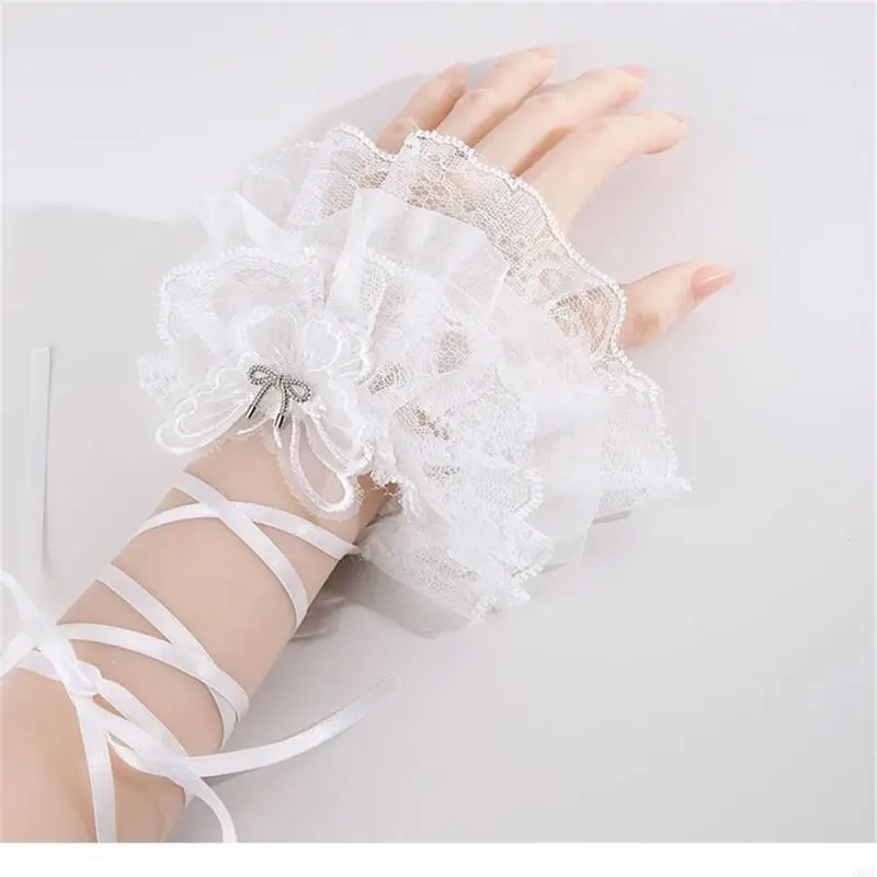النساء فتاة لوليتا الطبقات كشكش الدانتيل الأكمام الذراع مع حزام قفازات قصيرة بدون أصابع لحفلات الزفاف حفلة موسيقية زي الملحقات #1