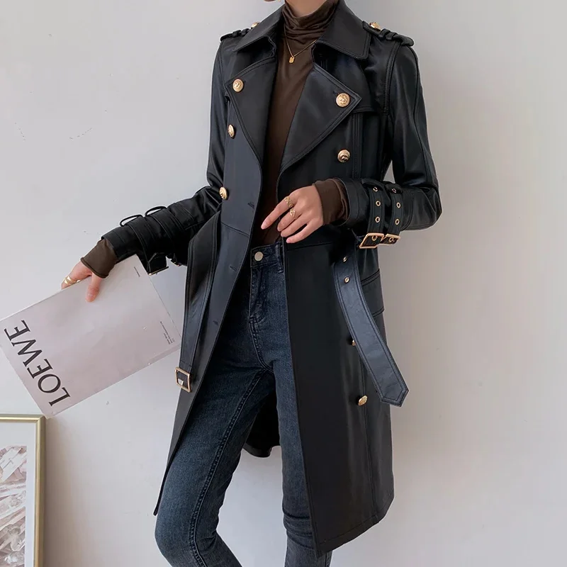 Leather Genuine Trench Coat for Women 2024 Trend High-end Double Breasted Slim Long Real Sheepskin Jackets with Belt