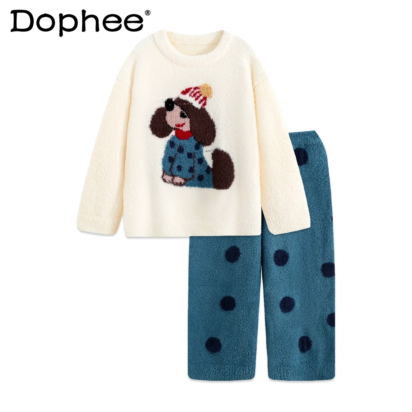 

Cartoon Puppy Pajamas for Women Winter Japanese Style Thin Velvet Cute Thickened Round Neck Coral Fleece Homewear