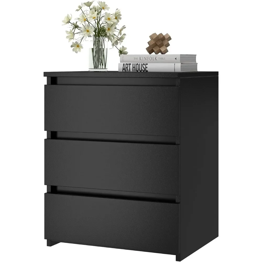 Nightstand with 3 Drawers, Black Bedside Table Night Stand for Bedroom with Cut-Out Handle, Sofa Side Table Night Stand