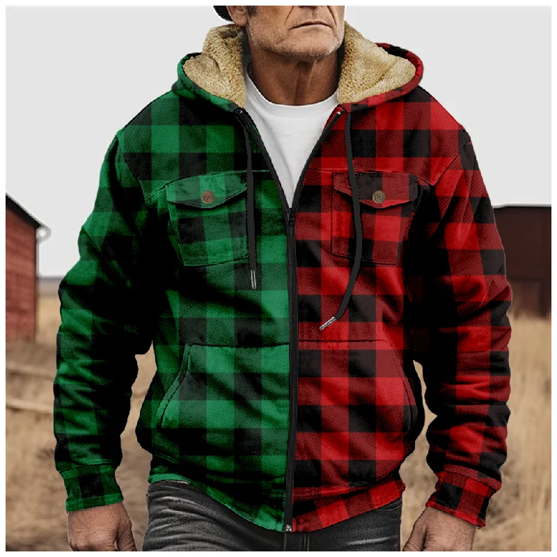 

New plaid cotton jacket hooded sweater casual printed men's terry polar velvet zipper patch pocket hooded sweater a04