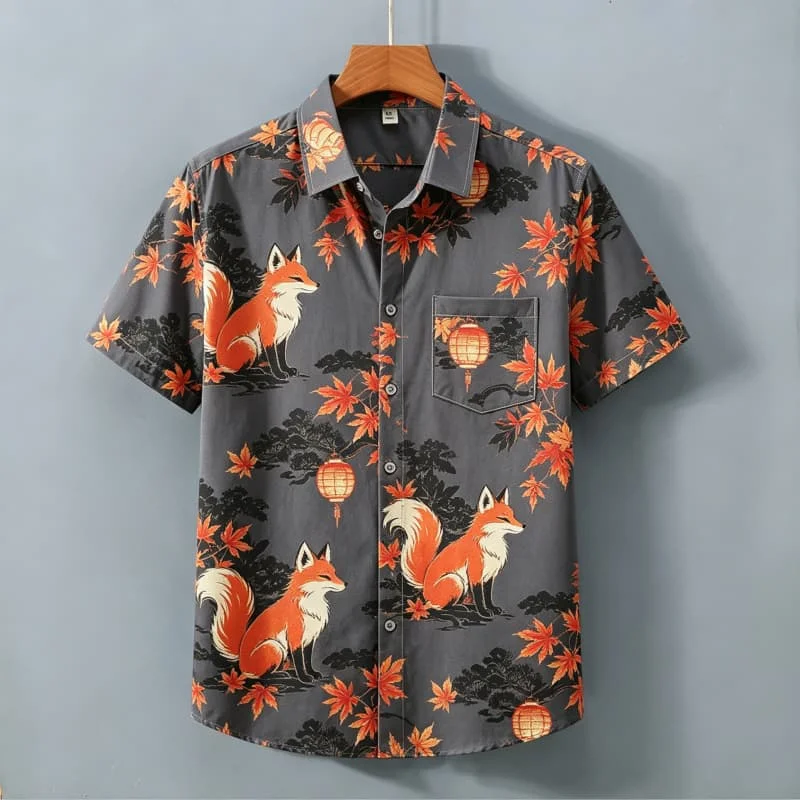 Men's Exotic Japanese ukiyo-e Printed Short Sleeved Shirt With pockets, Suitable For Daily Wear And Fun Cultural atmosphere.