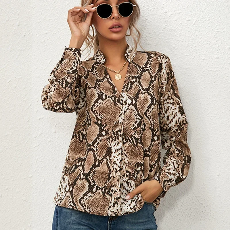 Print Long Sleeve Women Shirt Spring and Autumn Fashion V-neck Blouse Tops Vintage Shirts Snake Women Clothing Blusa Mujer 22096