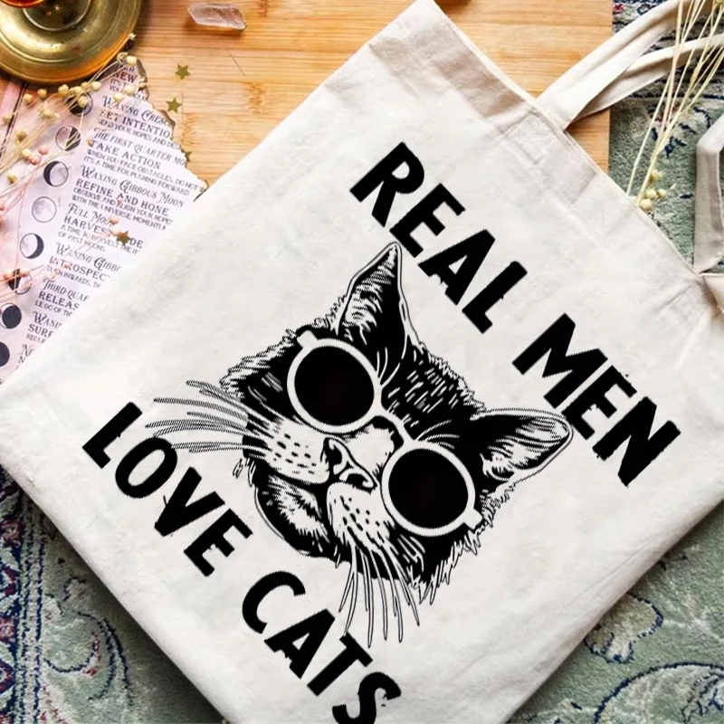 

Real Men Love Cats" Cool Cat Sunglasses Canvas Tote Bag Funny Pet Lover Gift Shopping Bag Aesthetic Shoulder Bag for Cat Dad Mom