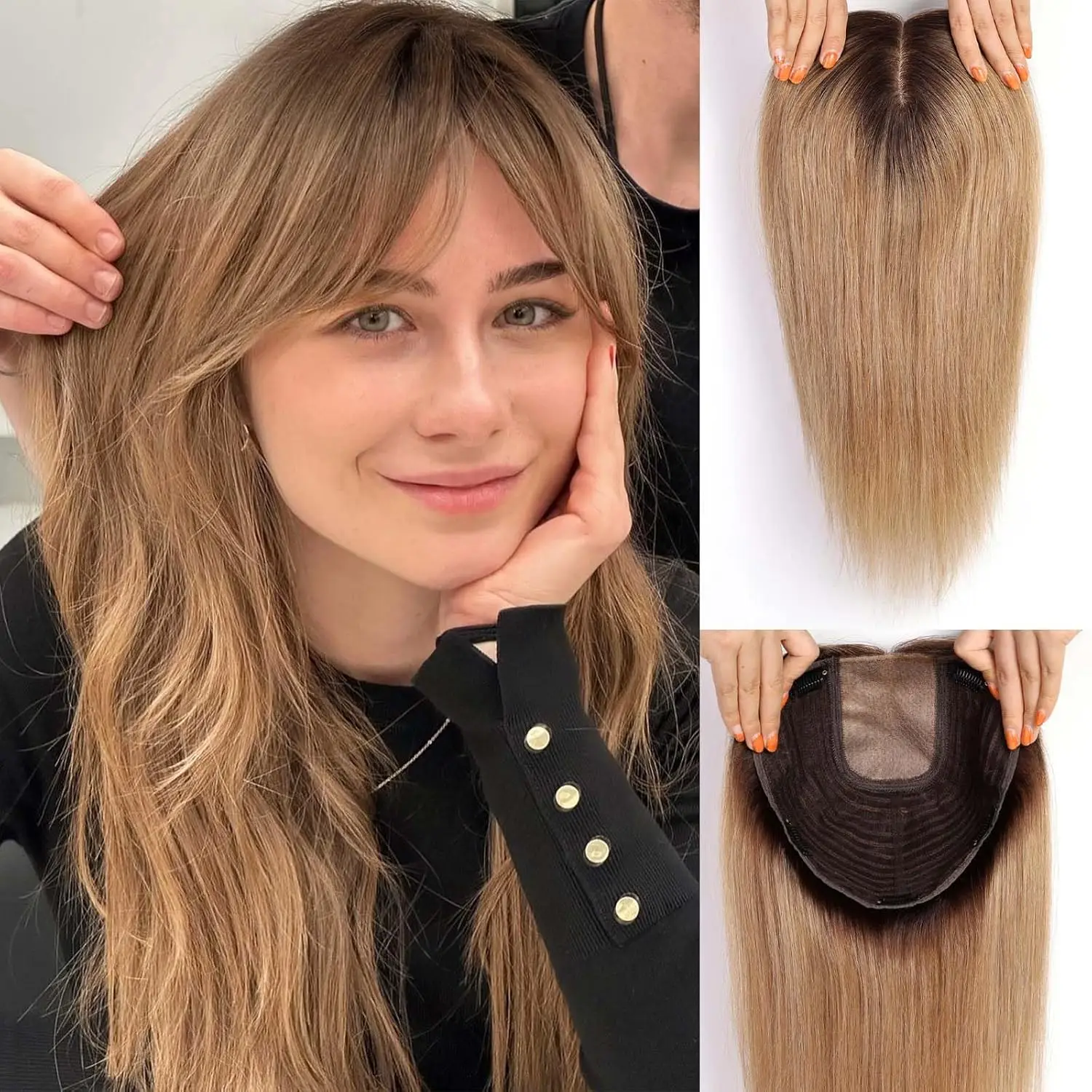 9x9inch Large Base Hair Pieces Brown Ombre Human Hair Toppers 16 inch Toppers for Women with Multiple Non-slip Clips