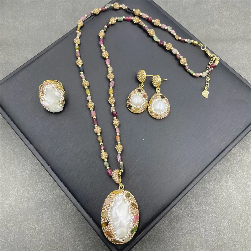 

Turkish Natural Baroque Pearl Jewelry Women Raw Tourmaline Crystal Necklace Ring Stud Earring Set Party Wedding Dress Acces
