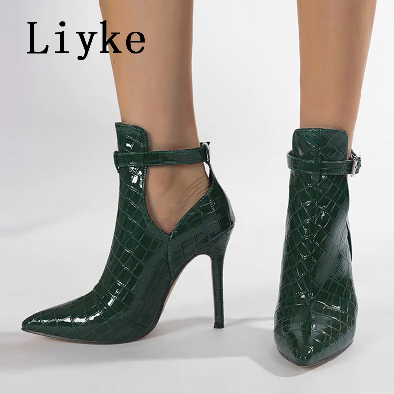 Liyke primavera otoño botines de mujer Sexy estampado de serpiente verde puntiagudos baile en barra tacones altos moda hebilla Correa zapato Chelsea