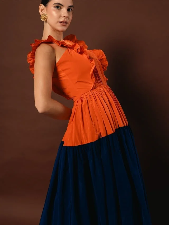 Abito da ballo in due pezzi arancione e blu navy con volant in raso e gonna lunga Abiti da sera Abito da festa formale da donna