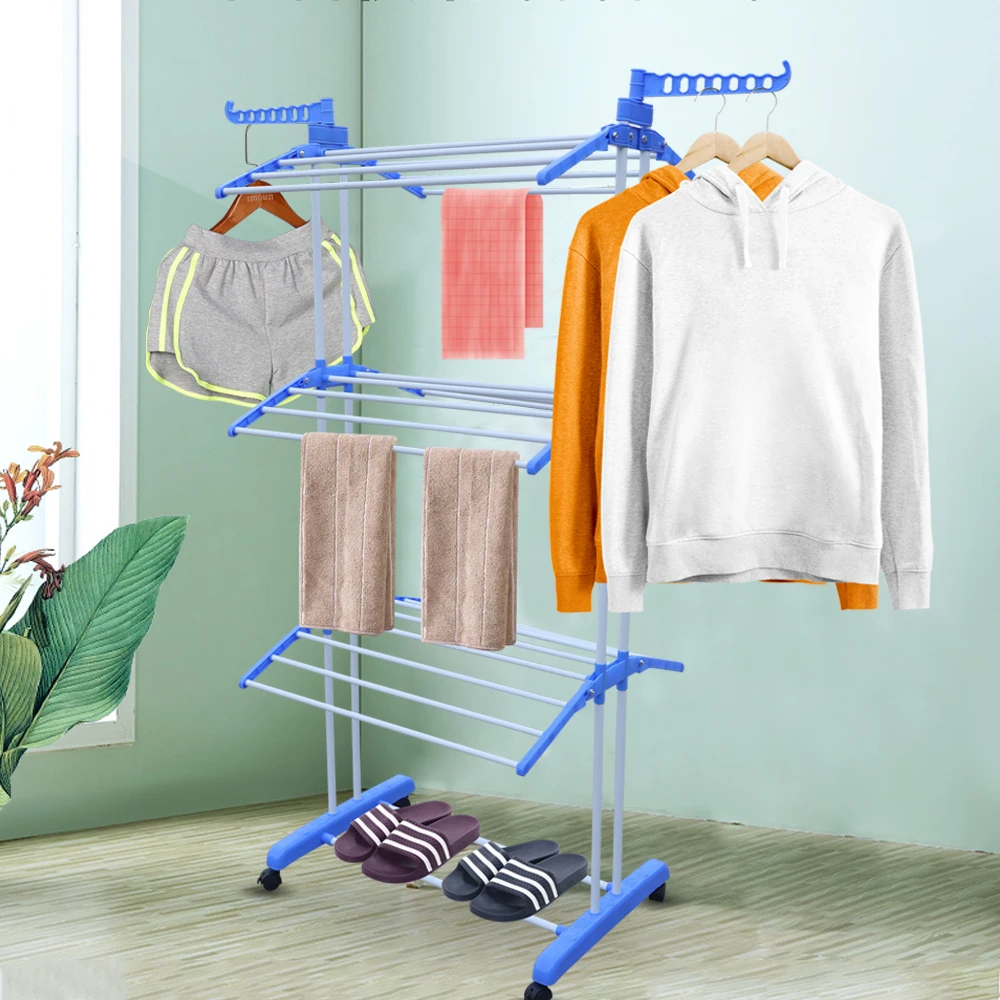 High Quality Three Layer Towel Rack Blue Color For BathroomClothes Storage Drying Rack Portable Folding Dryer Hanger Heavy Duty