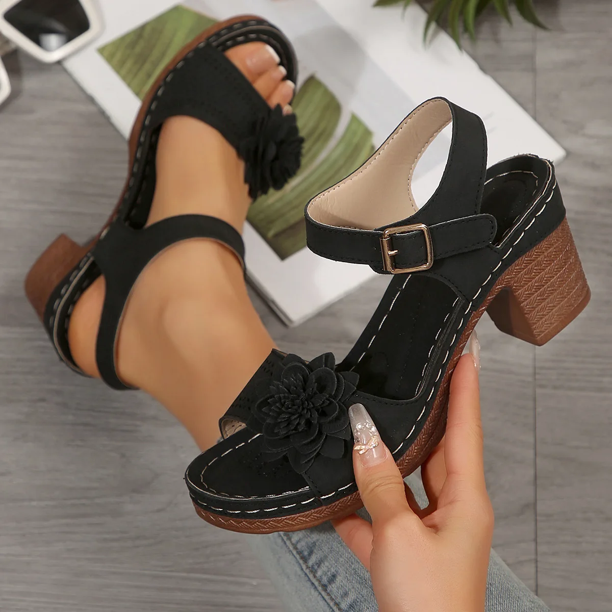 Vintage Flower Thick Heel Sandals for Women Lightweight Ankle Buckle Platform Sandles Woman Plus Size 43 Summer Sandalias Mujer image 3