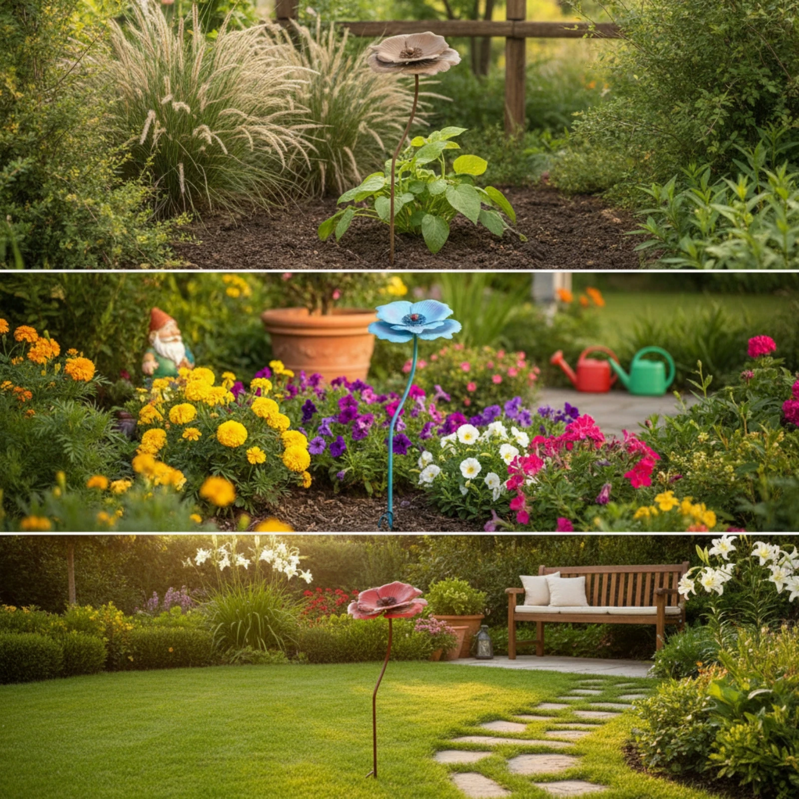 Piquets de jardin en métal superposés avec tête florale, piquet de jardin courbé et fantaisie pour jardiniers, cour et patio