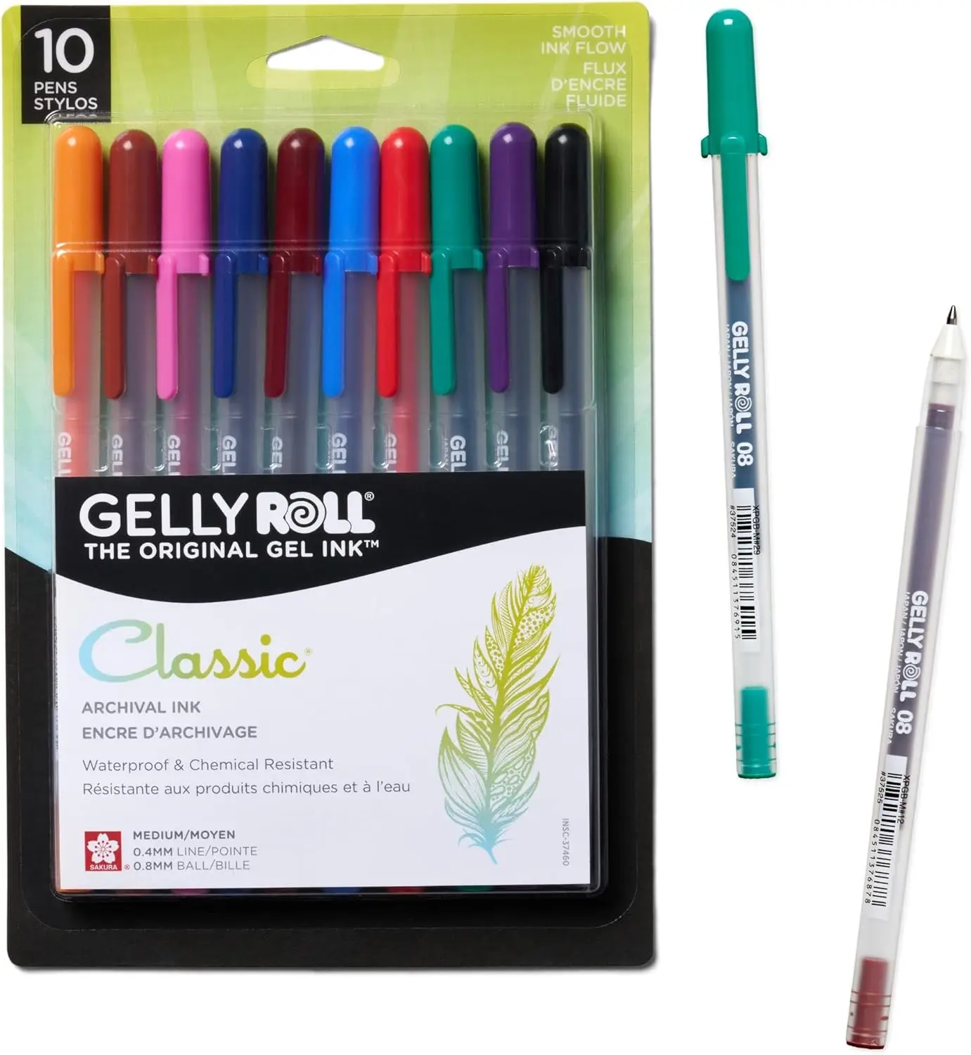 

10 Pack Medium Point Gel Pens - Smooth Archival Ink, Multicolor Set
