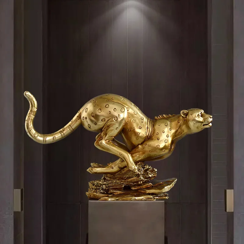Resin Handicrafts Golden Leopard Simulation Animal Sculpture Cheetah Running Leopard Home Decoration Accessories