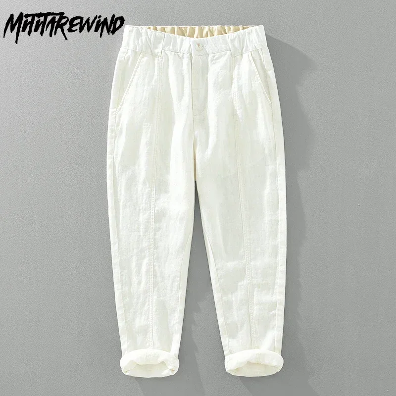 

Japanese Style 100% Linen Pants Men Summer Beach Breathable Mens Trousers Daily Casual White Straight Nine-point Pants Vintage