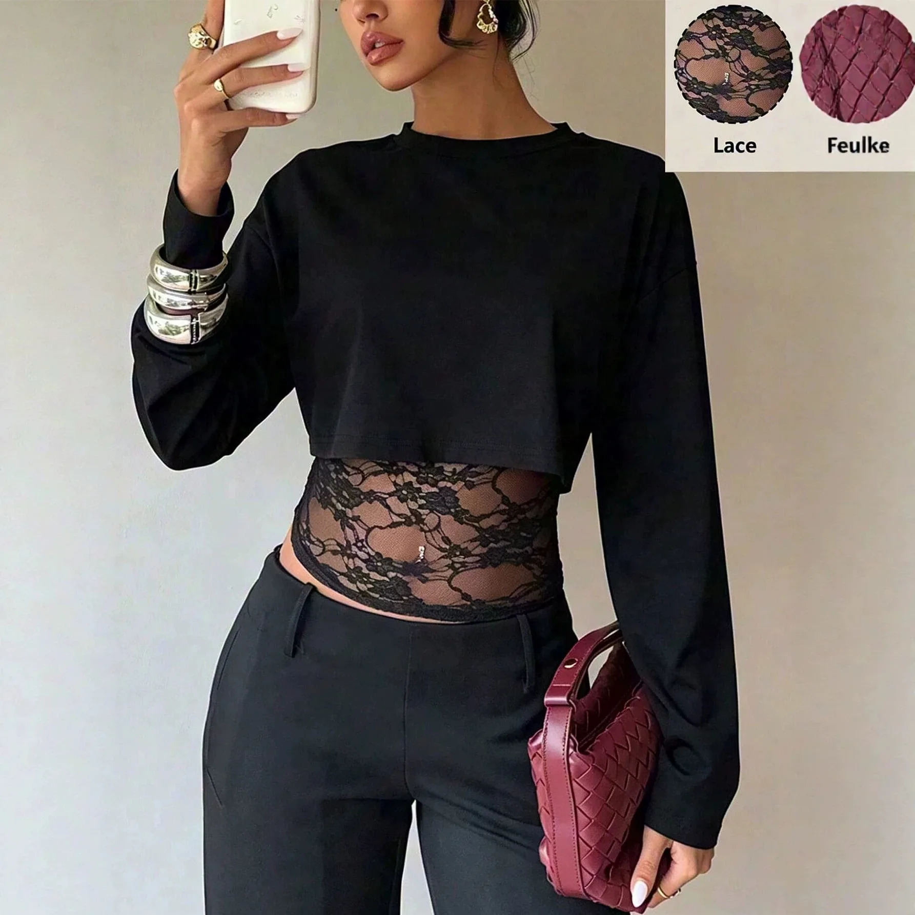 Women Mock Neck Sleeve Fake Two Piece Top Solid Loose Cropped Outer Layer Sheer Floral Lace See Through Slim Inner Cami Shirt