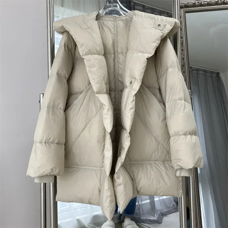 Chaqueta de plumón con capucha de longitud media para mujer, abrigo blanco grueso para mujer, abrigo de nieve cálido, moda de invierno, nuevo