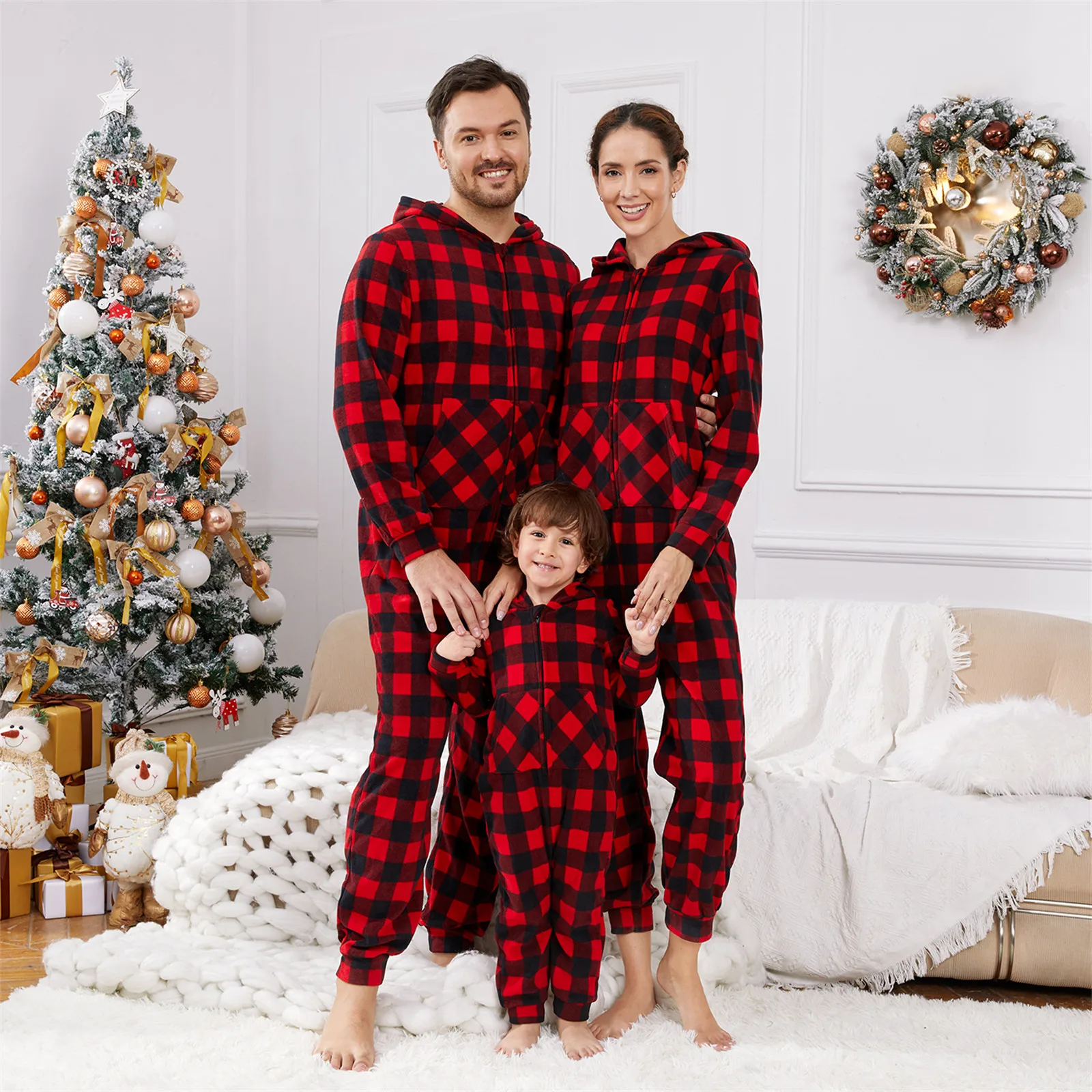 PatPat Christmas Family Matching Red Plaid Hooded Long-sleeve Thickened Polar Fleece Zipper Onesies Pajamas (Flame Resistant)