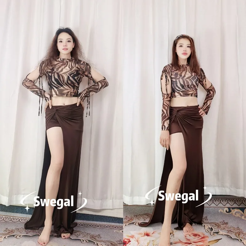 

Customized SWEGAL Belly Dance Practice Dress with Bare Arms Leopard Pattern Mesh Top Twisted Skirt Set Milk Silk Beginner Large