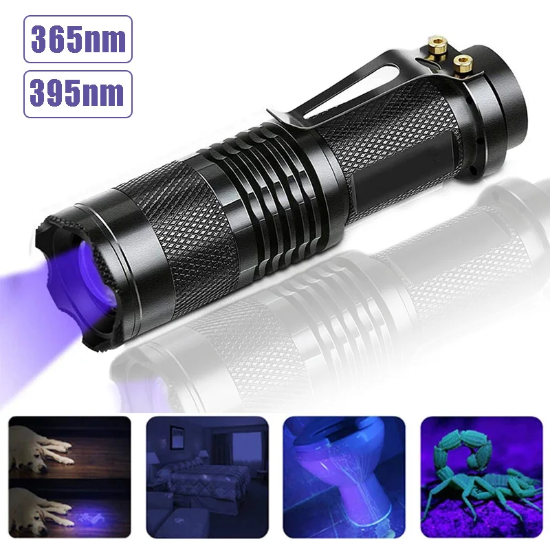 

LED UV Flashlight 395/365 NM Mini Black Waterproof Zoom LED Torch Pet Urine Stains Detector Outdoor Scorpion Hunting Light