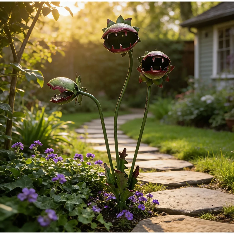 Fleischfressende Pflanze Gartenstecker, Verspielte Metall-Blumen Gartendekoration, Gotische Gartendeko, Lustige Outdoor-Gartenskulptur, Halloween – Detail 1