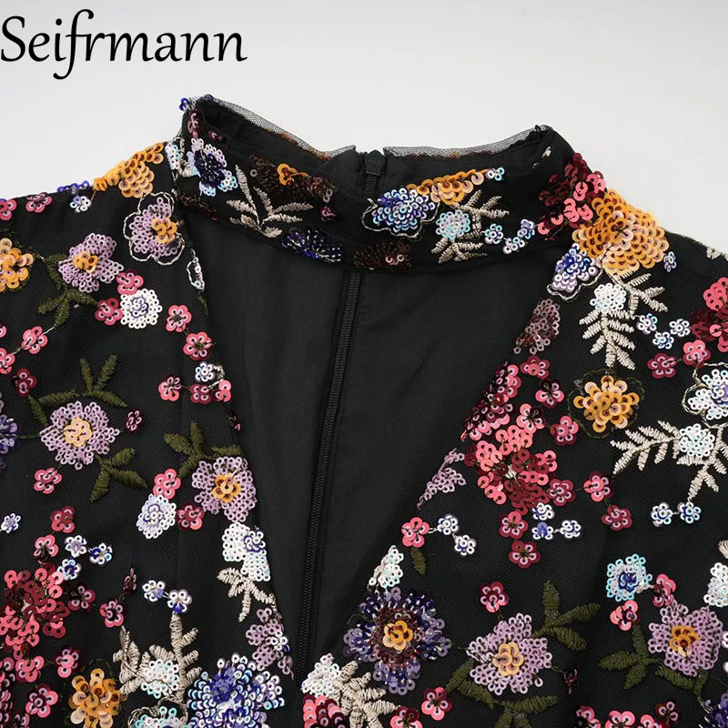 Seifrmann Mode Damen Kleid Stehkragen Mesh Langarm Vintage Stickerei Volants Rand Spleißen Hohe Taille Kleider