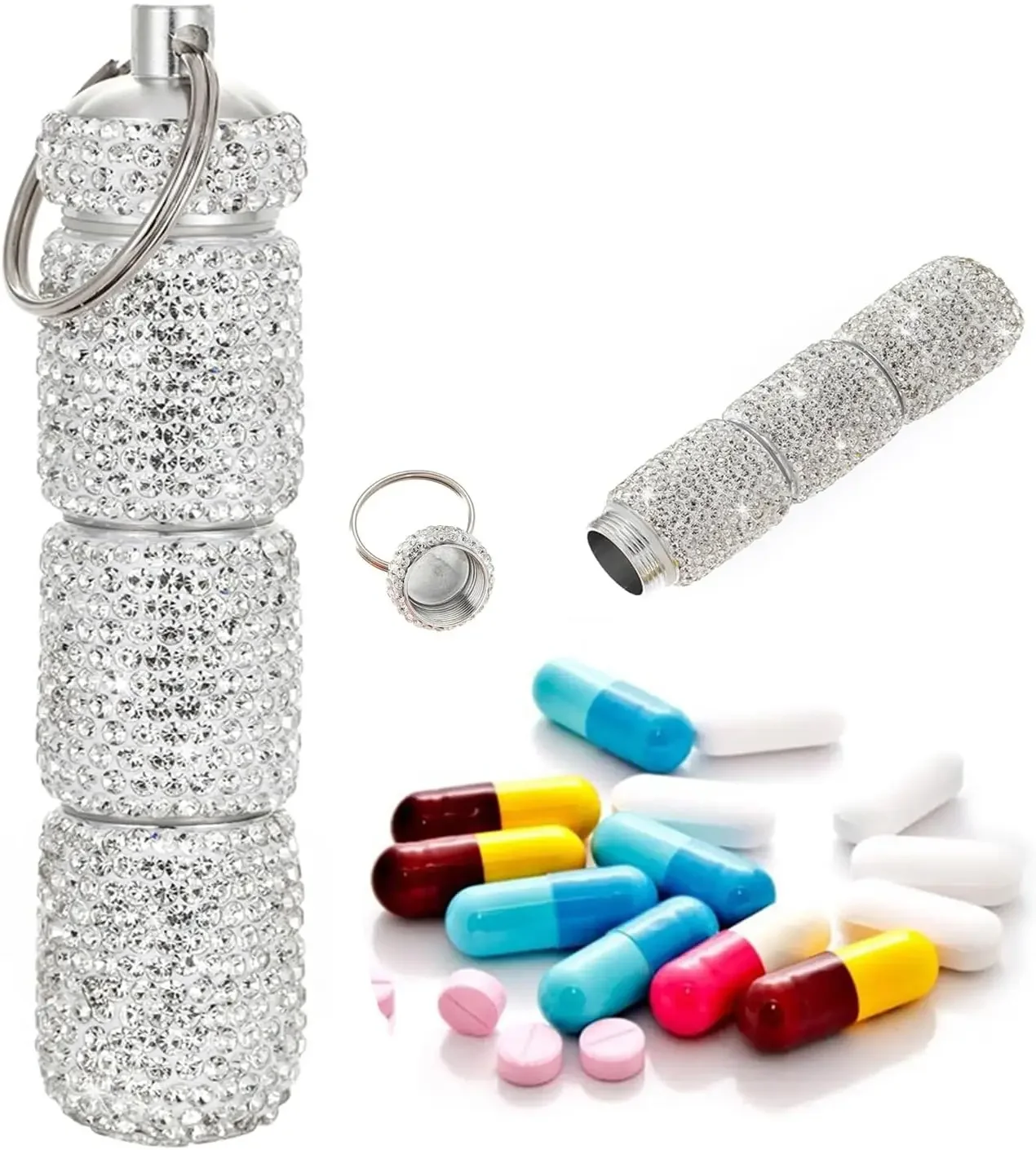 

Bling Pill Case Portable Travel Pill Container ins Rhinestone Waterproof Small Pill Holder with Keychain Cute Pill Storage Box