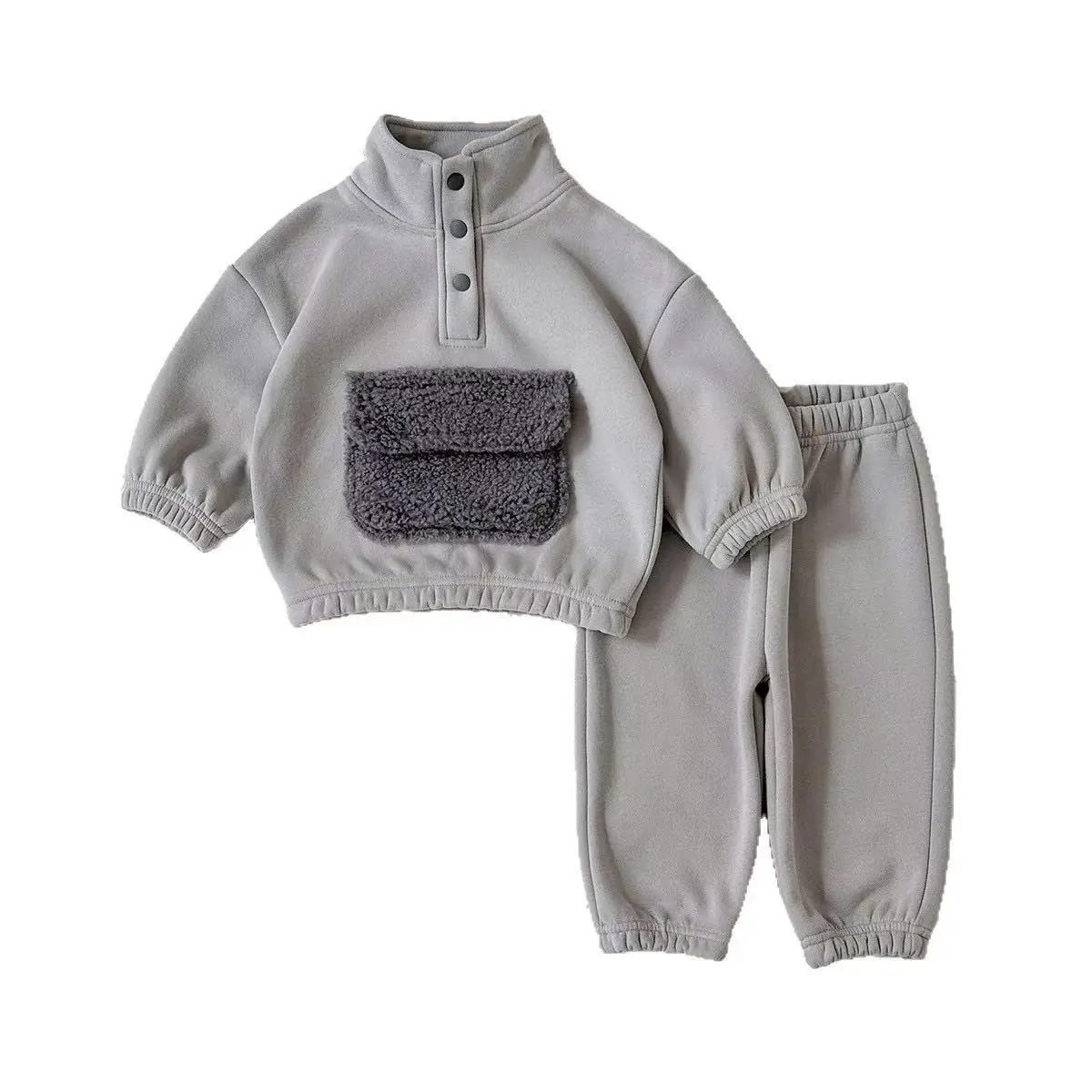 Baby Boys Sets Autumn Winter Thermal Suit Plush Pocket Long Sleeve Button Sweatshirt Solid Pants Casual Kids Clothes