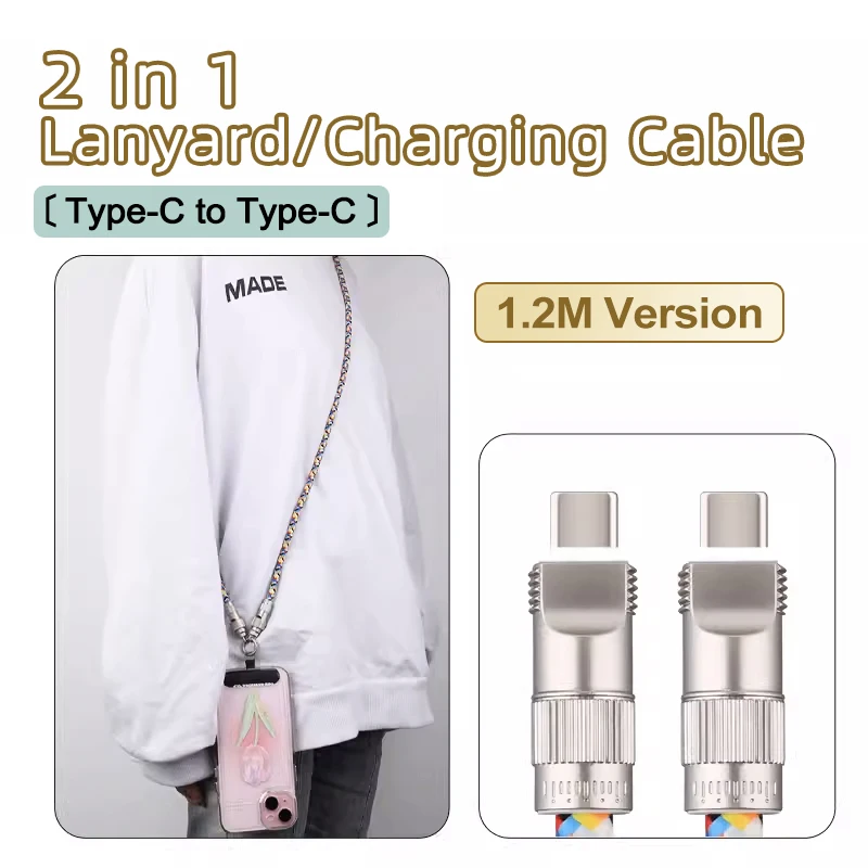 Fashion 2 in 1 Phone Lanyard PD 60W Fast Charging Cable USB C Type C to C Fast Charging Cable Zinc Alloy Lock Halter Neck Wrist