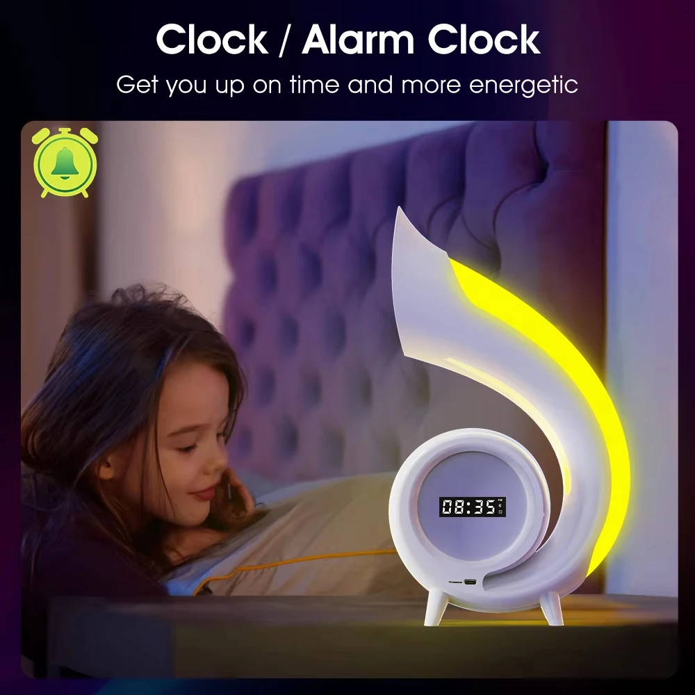 مكبر صوت بلوتوث لاسلكي محمول مع رؤوس كلمات وإضاءة ليلية وساعة منبه مناسبة لتزيين غرفة المعيشة بجانب السرير #4