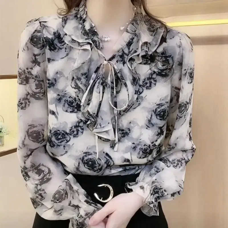 Commute Broken Flowers Shirt Women\'s Clothing Scarf Collar Drawstring Spring Autumn Stylish Sweet Ruffles Spliced Loose Blouse