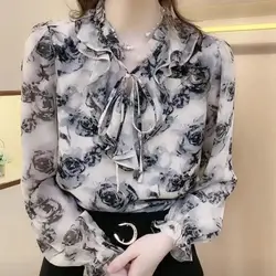 Commute Broken Flowers Shirt Women's Clothing Scarf Collar Drawstring Spring Autumn Stylish Sweet Ruffles Spliced Loose Blouse