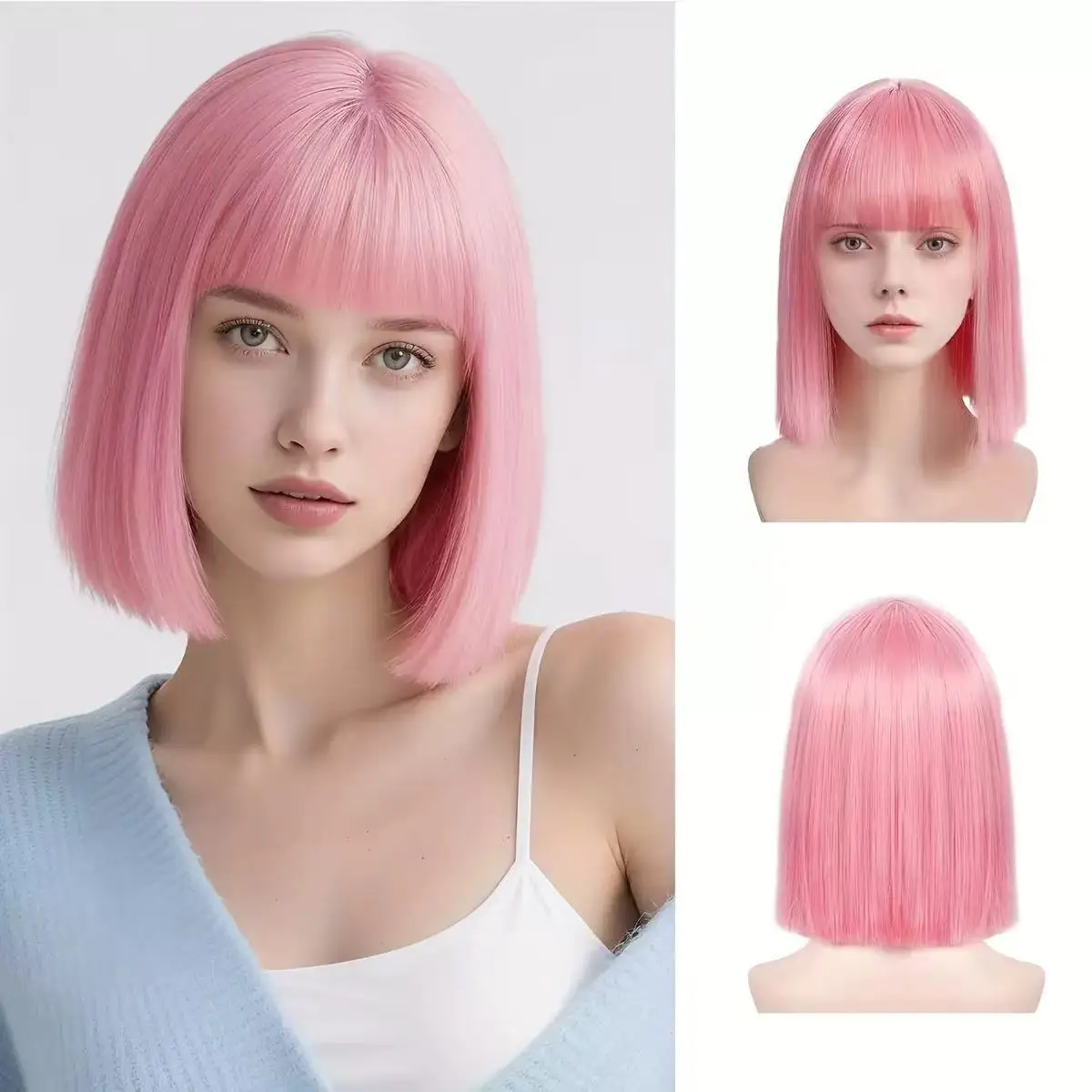 New black bob hairstyle synthetic wig for party, Halloween cosplay, daily use high-temperature hair accessory wig set image 5