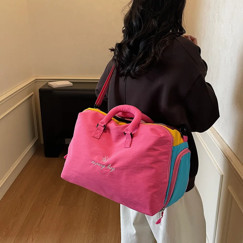 

Модная женская дорожная сумка большой вместимости, нейлоновые цвета дофамина с отделением для обуви, сухие/влажные сумки с отделением для коротких поездок