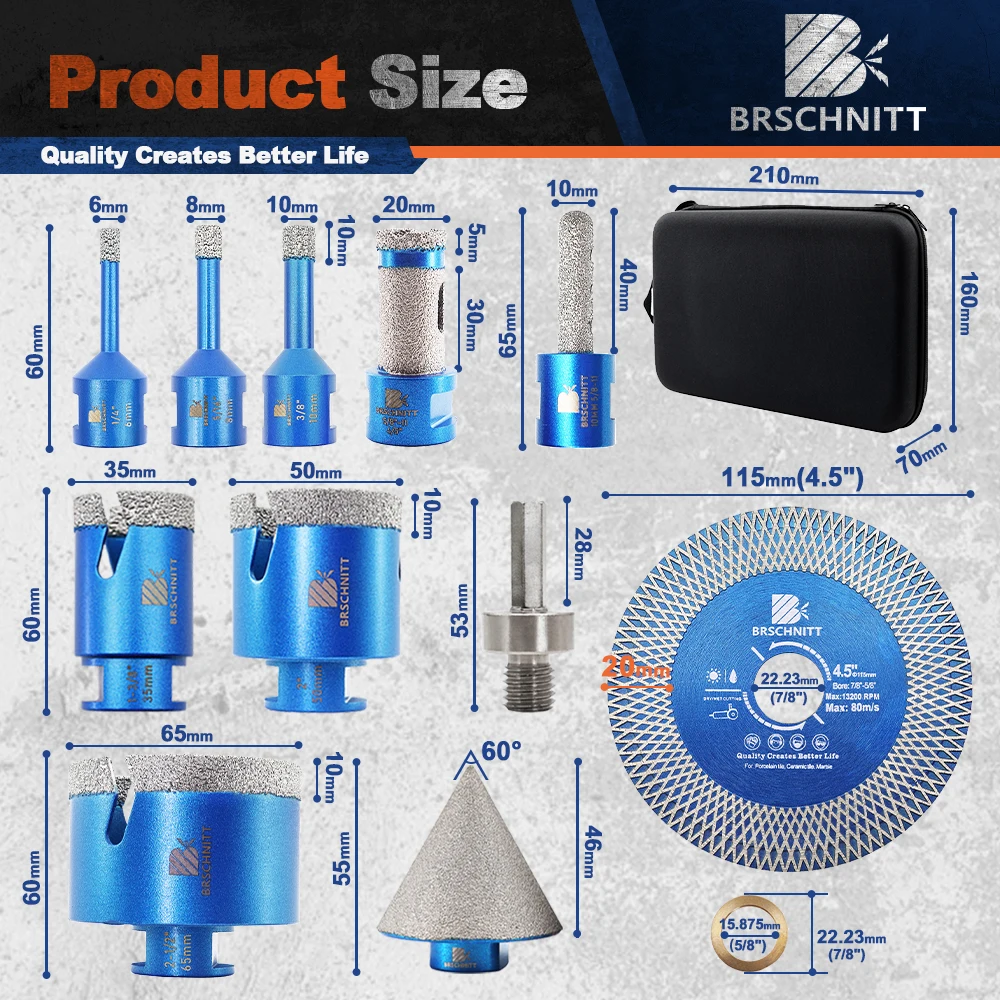 Imagem -03 - Conjunto de Broca de Diamante com Hole Saw Kit Chanfro Milling Bit Disco de Corte Telha Adaptador Mármore Granito Eva Box 5811 125 mm 11 Pcs