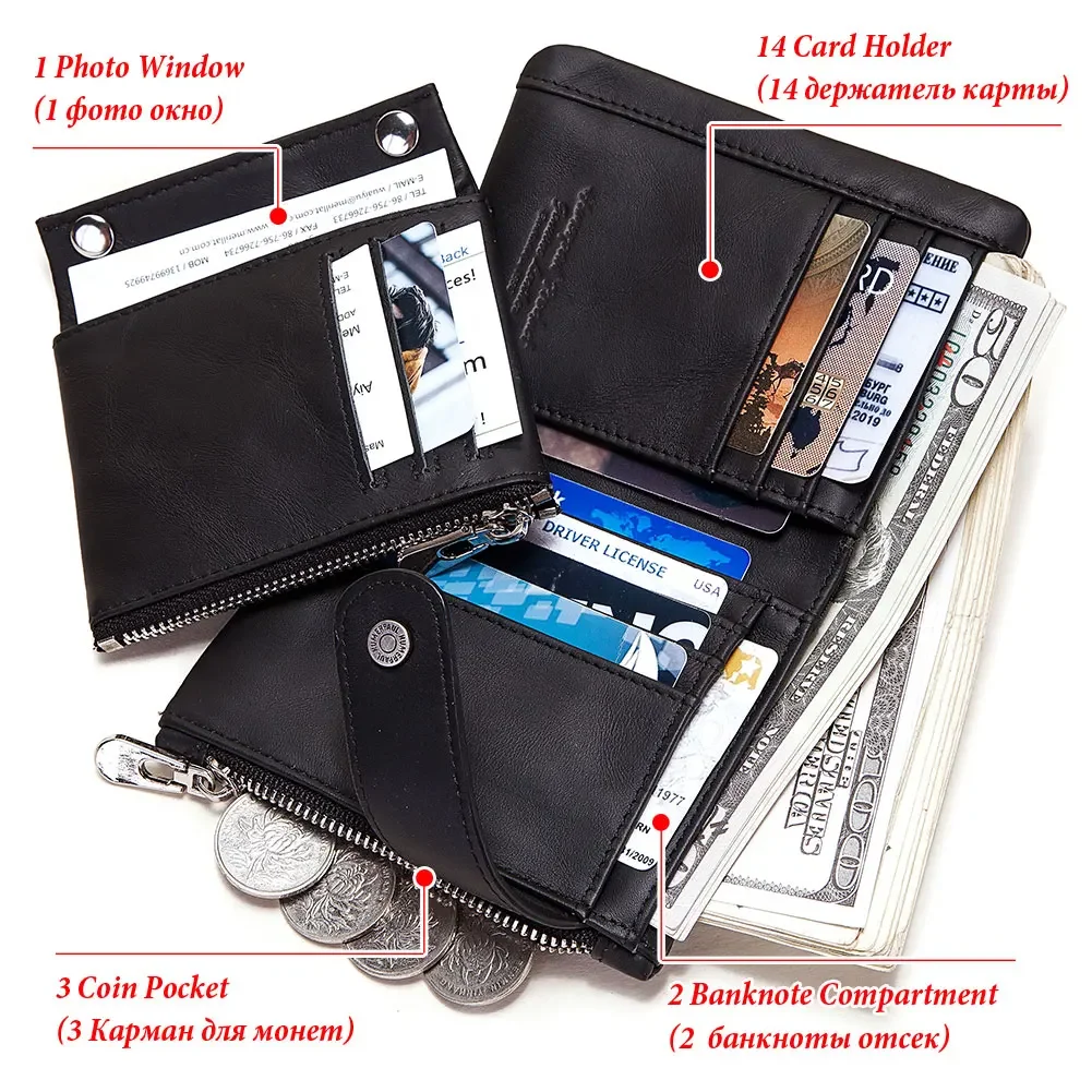 Short Wallet for Men RFID Blocking Genuine Leather Male Wallets Cowskin Cards Holder Coin Pocket Anti-theft Metal Chain Purse