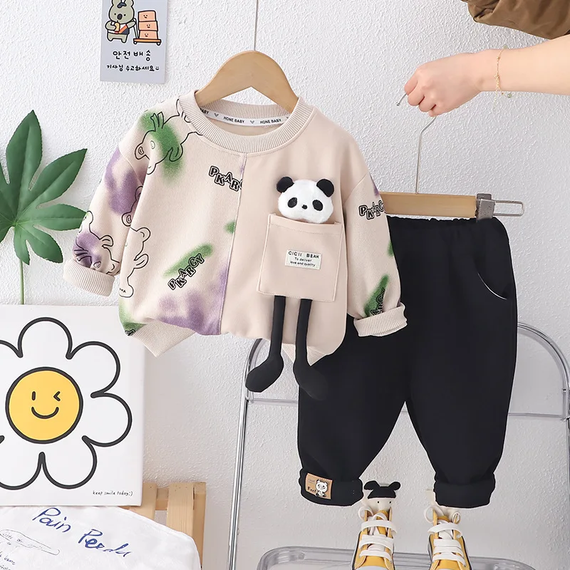 

Toddler Girls and Boys Luxury Designer Clothes 2024 Spring Cartoon O-neck Panda Long Sleeve T-shirts Pants 2PCS Kids Outfit Set