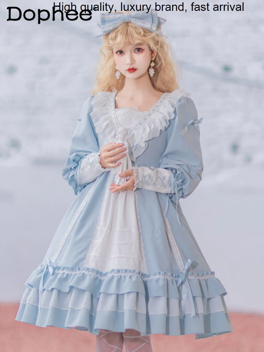 

Lolita Sweet Japanese Puffy Elegant Ruffled V-neck Long Sleeve Pleated Midi Dress Spring Autumn Birthday Banquet Vestidos