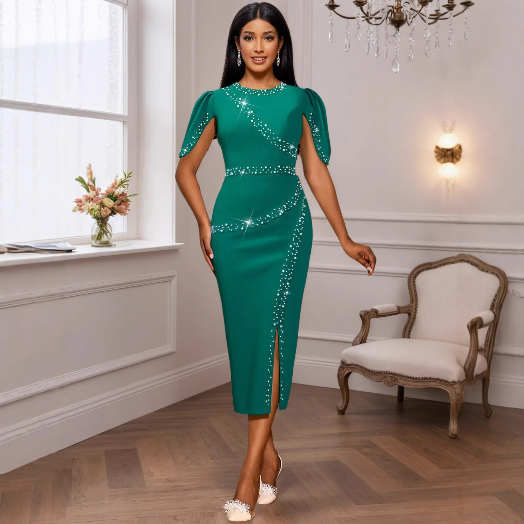 

Женское элитное платье с круглым вырезом и рюшами на рукавах, расшитое бисером на талии, облегающее вечернее платье с разрезом, 2024, летнее платье, халат, женское вечернее платье