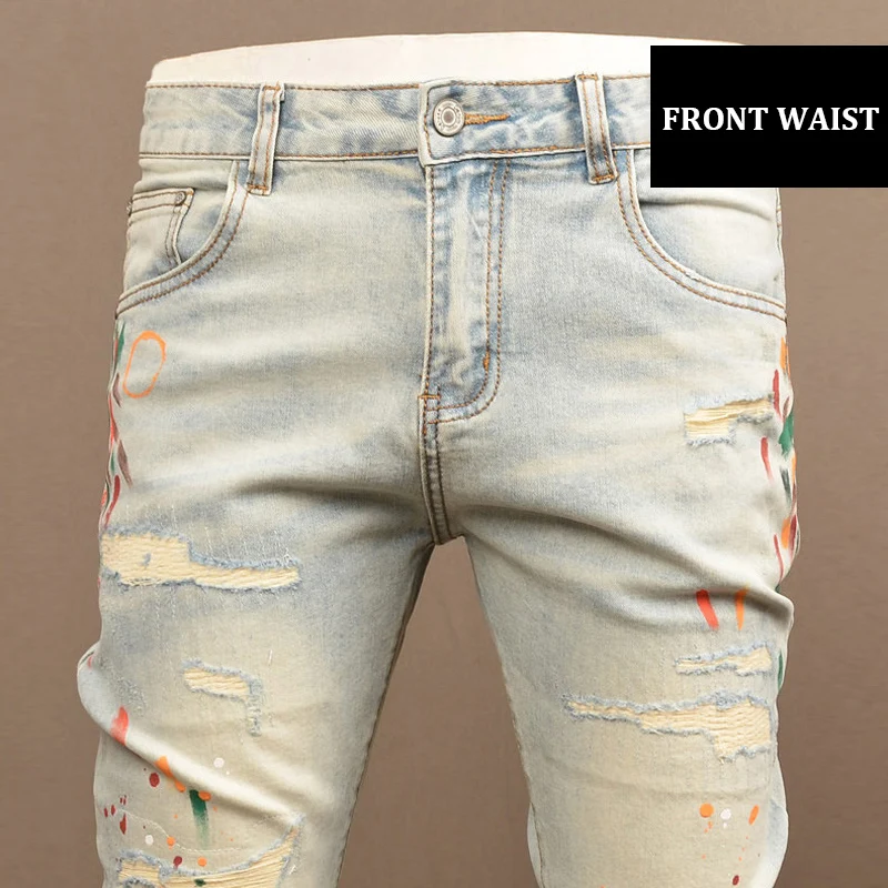 

Y2KDesigner fashion new men's jeans scratch painted elastic slim fit nostalgic washed blue jeans retro embroidered pants hombre